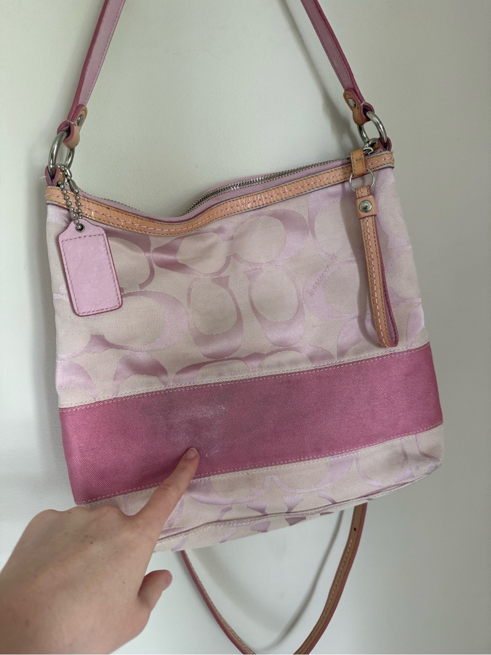 Coach Pink Signature Jacquard Canvas Leather Zip Shoulder Bag - Picture 7 of 9